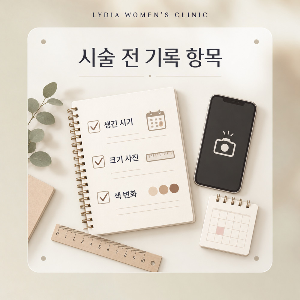 생긴 시기와 표면 촉감, 색, 크기를 적어 두는 시술 전 기록 항목